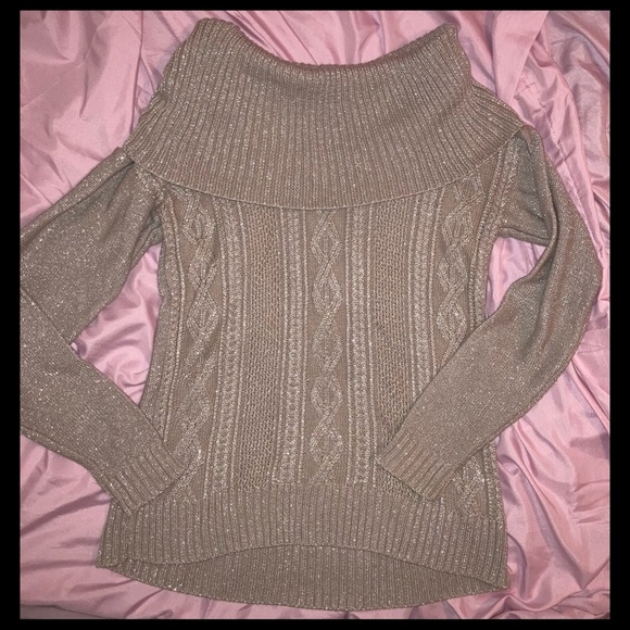 Belldini Cowl Neck Cable Knit Shimmery Sweater - Picture 3 of 5
